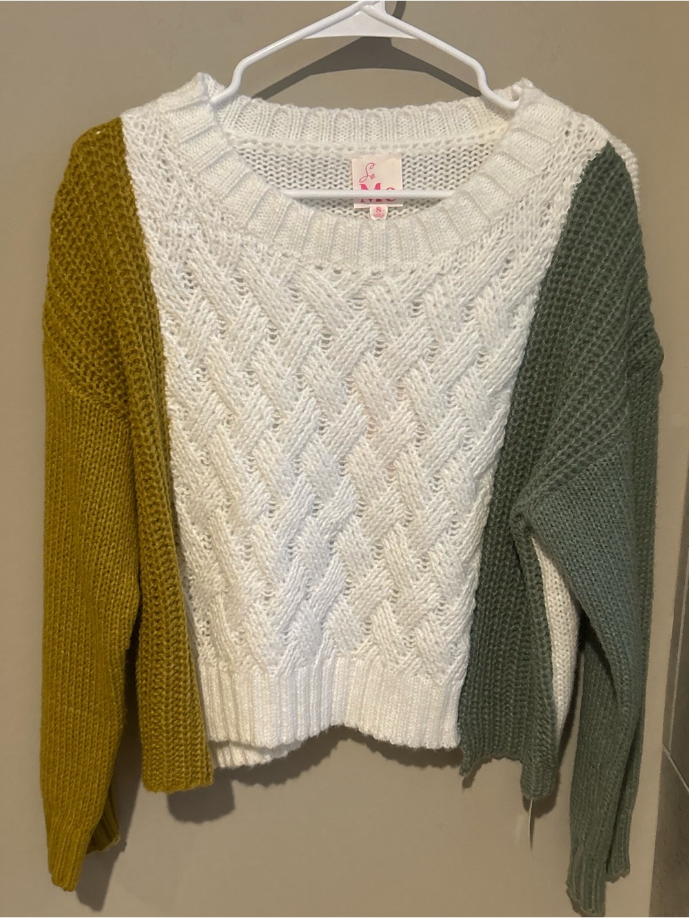 So Me Colorblock Cable Knit Sweater - White, Mustard & Olive